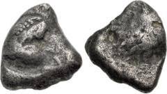 Greek ARABIA, Southern. Ma'in (Minaia)(?). Circa 250-150 BC. AR nsf – "Drachm" (13mm, 3.29 g, 12h). Imitating Athens. [Stylized helmeted head of Athena right] / Owl standing right, wings folded; styli