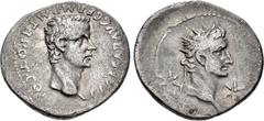 Roman Imperial Gaius (Caligula), with Divus Augustus. AD 37-41. AR Denarius (20mm, 3.39 g, 12h). Lugdunum (Lyon) mint. 1st emission, after 18 March AD 37. Bare head of Gaius (Caligula) right / Radiate