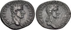 Roman Imperial Gaius (Caligula), with Agrippina Senior. AD 37-41. AR Denarius (19mm, 3.54 g, 12h). Lugdunum (Lyon) mint. 2nd emission, 1st phase, late AD 37. bare head of Gaius (Caligula) right / Drap
