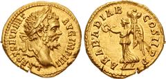 Roman Imperial Septimius Severus. AD 193-211. AV Aureus (20mm, 7.38 g, 12h). Rome mint. Struck AD 194-195. L SEPT SEV PERT AVG IMP IIII, laureate head right / ARAB • ADIAB COS II P P, Victory, winged 