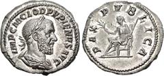 Roman Imperial Pupienus. AD 238. AR Denarius (19mm, 2.98 g, 6h). Rome mint. 1st emission. Laureate, draped, and cuirassed bust right / Pax seated left on throne, holding olive branch and scepter. RIC 