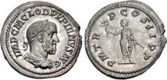 Roman Imperial Pupienus. AD 238. AR Denarius (20mm, 3.17 g, 6h). Rome mint. 1st emission. Laureate, draped, and cuirassed bust right / Pupienus standing left, holding branch and parazonium. RIC IV 5; 