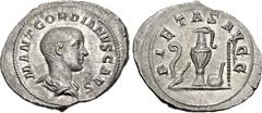 Roman Imperial Gordian III. As Caesar, AD 238. AR Denarius (22mm, 3.05 g, 6h). Rome mint. 1st emission of Balbinus & Pupienus. Bareheaded and draped bust right / Emblems of the pontificate: lituus, se