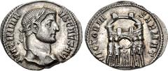 Roman Imperial Galerius. As Caesar, AD 293-305. AR Argenteus (19mm, 2.32 g, 6h). Ticinum mint. 1st emission, 2nd series, AD 294-295. Laureate head right / Tetrarchs sacrificing over tripod before city