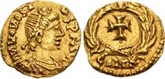 Early Medieval VANDALS. Pseudo-Imperial coinage. Circa 440-490. AV Tremissis (13.5mm, 1.48 g, 3h). Hybrid Ravenna mint issue in the name of Honorius. D И HOИORI VS P F AVC, pearl-diademed, draped, and