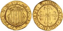 World ITALY, Sardegna (Kingdom). Filippo V di Spagna. 1700-1719. AV Scudo d'oro (23mm, 3.24 g, 12h). Cagliari mint. Dated 1701. Crowned coat-of-arms / Cross fleurée. MIR 93/1; KM 27 (Cagliari); Friedb