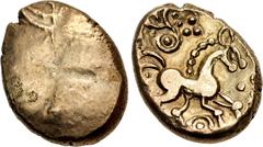British CELTIC, Iceni. Uninscribed. Circa 50 BC - AD 10. AV Stater (18mm, 5.50 g). Snettisham, rings type (Trinovantian F). Traces of crossed wreaths type / Horse prancing right; pellets-in-annulets a