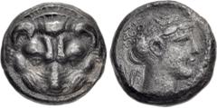Greek BRUTTIUM, Rhegion. Circa 415/0-387 BC. AR Tetradrachm (23mm, 16.49 g, 7h). Reverse die signed by the engraver Kratesippos. Lion mask facing / Head of Apollo right, wearing laurel wreath; olive s