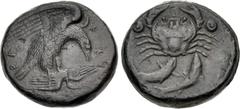 Greek SICILY, Akragas. Circa 415-406 BC. Æ Hexas – Dionkion (19.5mm, 7.30 g, 12h). Eagle, with spread wings, standing right on overturned and dead bird / Crab; two pellets (mark of value) flanking; be