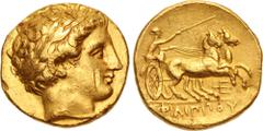 Greek KINGS of MACEDON. temp. Philip II – Alexander III. Circa 340/36-328 BC. AV Stater (18mm, 8.57 g, 12h). In the name and types of Philip II. Pella mint. Head of Apollo right, wearing laurel wreath