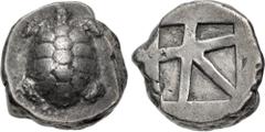 Greek ISLANDS off ATTICA, Aegina. Circa 456/45-431 BC. AR Stater (18mm, 12.11 g, 7h). Land tortoise with segmented shell / Large square incuse with heavy skew pattern. Meadows, Aegina, Group IIIb; Mil