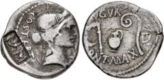 Roman Republican The Caesarians. Julius Caesar. January-April 46 BC. AR Denarius (17.5mm, 3.79 g, 1h). Uncertain mint, possibly Utica. Wreathed head of Ceres right; c/m: MP VES (retrograde and ligate)