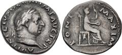 Roman Imperial Vitellius. AD 69. AR Denarius (18mm, 3.21 g, 6h). Rome mint. Struck circa late April-20 December. Laureate head right / Vesta seated right, holding scepter and patera. RIC I 107; RSC 72