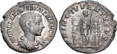 Roman Imperial Diadumenian. As Caesar, AD 217-218. AR Denarius (20mm, 3.08 g, 12h). Rome mint. 2nd emission of Macrinus, AD 217-218. Bareheaded, draped, and cuirassed bust right / Diadumenian standing