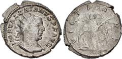 Roman Imperial Valerian I. AD 253-260. AR Antoninianus (19mm, 3.09 g, 12h). Viminacium mint. 3rd emission, AD 257-258. Radiate and cuirassed bust right / VICT PART, Victory standing left, holding shie