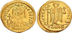 Byzantine Maurice Tiberius. 582-602. AV Solidus (21mm, 4.38 g, 7h). Constantinople mint, 2nd officina. Struck 582-583/4. Crowned and cuirassed bust facing, holding globus cruciger, shield on left shou