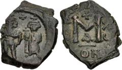 Byzantine Constans II, with Constantine IV. 641-668. Æ Follis (17.5mm, 4.53 g, 6h). Constantinople mint, 1st officina. Dated RY 15 (655/6). Crowned facing figures of Constans, wearing military attire 