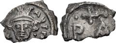 Byzantine Constans II. 641-668. AR Half Siliqua (10mm, 0.34 g, 12h). Carthage mint. Struck circa 647. Draped facing bust, wearing crown with trefoil decoration, holding globus cruciger; • to right / C