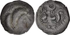 Celtic GAUL, Northwest. Coriosolites. Circa 100-50 BC. BI Stater (21.5mm, 6.59 g, 6h). Celtic head right, hair in large spiral curls, S-like ear / Celticized rider on horseback right; wreath above, sp