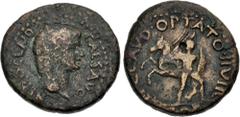 Roman Provincial CORINTHIA, Corinth. Nero. AD 54-68. Æ As (22mm, 8.48 g, 3h). Tiberius Claudius Optatus and Gaius Julius Polyaenus, duovirs. Struck AD 57-58 or 58-59. Bare head right / Bellerophon adv