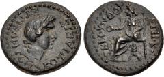 Roman Provincial PHRYGIA, Cotiaeum. temp. Galba. AD 68-69. Æ (18mm, 3.26 g, 12h). Tiberius Claudius Secundus, magistrate. Draped bust of the Senate right / Cybele, wearing calathus, seated left on thr