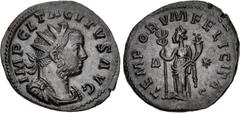 Roman Imperial Tacitus. AD 275-276. Antoninianus (22mm, 3.84 g, 6h). Lugdunum (Lyon) mint, 4th officina. 7th emission, May-June AD 276. Radiate, draped, and cuirassed bust right / Felicitas standing l