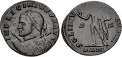 Roman Imperial Licinius I. AD 308-324. Æ Follis (20mm, 2.89 g, 5h). Arelate (Arles) mint, 2nd officina. Struck AD 315-316. Laureate heroic bust left, holding spear forward and shield on left arm / Sol
