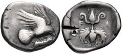 ELIS, Olympia. 83rd-87th Olympiad. 448-432 BC. AR Drachm (19mm, 5.58 g, 7h). Eagle right, about to devour hare held in talons / Thunderbolt with volutes above and wings below, within incuse square. Se