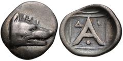 ARGOLIS, Argos. Circa 330-270 BC. AR Obol (10mm, 0.75 g, 3h). Wolf’s head right; ΣI above / Large A; Δ-I across upper field; pellet below; all within incuse square. BCD Peloponnesos 1080.5 (this coin)