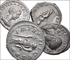 ROMAN. Imperial. Lot of Four (4) AR from Plautilla to Philip I. Includes: Plautilla. AR Denarius. Rome mint. Struck AD 202. Draped bust right / Caracalla and Plautilla standing vis-à-vis, clasping rig