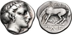 Greek THESSALY, Larissa. Circa 365-356 BC. AR Hemidrachm (14.5mm, 2.87 g, 8h). Head of the nymph Larissa right, wearing earring / Bridled horse standing left, preparing to lie down; plant below, ΠΛE[I