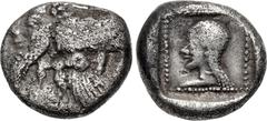 Greek CARIA, Uncertain ('Mint G'). Circa 490-470 BC. AR Quarter Stater (13mm, 2.81 g, 12h). Aeginetic standard. Forepart of winged man-headed bull left / Head of female left in dotted square border wi