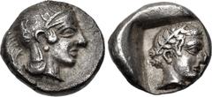 Greek DYNASTS of LYCIA. Vekhssere I. Circa 450-430/20 BC. AR Twelfth Stater – Obol (9mm, 0.76 g, 6h). Xanthos mint. Helmeted head of Athena right / Laureate head of Apollo right; [diskeles to lower ri