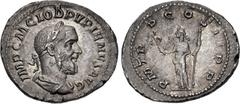 Roman Imperial Pupienus. AD 238. AR Denarius (20mm, 3.09 g, 6h). Rome mint. 1st emission. Laureate, draped, and cuirassed bust right / Felicitas standing left, holding caduceus and scepter. RIC IV 6; 