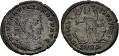 Roman Imperial Martinian. Usurper, AD 324. Æ Follis (21mm, 3.09 g, 6h). Nicomedia mint, 4th officina. D N M MARTINIANO P F AVG, radiate, draped, and cuirassed bust right / IOVI CONS ERVATORI, Jupiter 