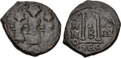 Byzantine Heraclius, with Martina and Heraclius Constantine. 610-641. Æ Follis (24mm, 7.12 g, 6h). Thessalonica mint, 2nd officina. Dated RY 13 (622/3). Crowned facing figures of Martina, Heraclius, a