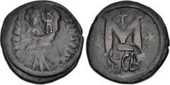 Byzantine Heraclius. 610-641. Æ Follis (33.5mm, 16.57 g, 6h). Uncertain Sicilian mint. Struck circa 620. Crowned and draped facing bust of Heraclius; monogram to right; all within circular punch / SCL