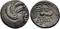 Celtic GAUL, Northwest. Coriosolites. Circa 100-50 BC. BI Stater (19mm, 6.39 g, 3h). Celtic head right, hair in large spiral curls, S-like ear; [pearl strings flowing around] / Stylized charioteer dri