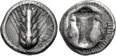 Greek LUCANIA, Metapontion. Circa 470-440 BC. AR Sixth Nomos – Triobol (13mm, 1.29 g, 6h). Ear of barley with six grains / Incuse boukranion. Noe 284–7; HN Italy 1487. Toned, patches of find patina. V