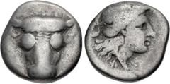 Greek PHOKIS, Federal Coinage. Circa 352-351 BC. AR Triobol (13mm, 2.55 g, 12h). Phayllos, strategos. Facing head of bull / Laureate head of Apollo right; chelys to left. Williams 397 (O265/R228); BCD