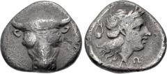 Greek PHOKIS, Federal Coinage. Circa 352-351 BC. AR Triobol (14.5mm, 2.60 g, 12h). Phayllos, strategos. Facing head of bull / Laureate head of Apollo right; chelys to left. Williams 385 (O261/R230); B