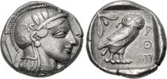 Greek ATTICA, Athens. Circa 454-404 BC. AR Tetradrachm (25mm, 17.15 g, 5h). Helmeted head of Athena right, with frontal eye / Owl standing right, head facing, closed tail feathers; olive spray and cre