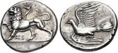 Greek SIKYONIA, Sikyon. Circa 330/20-280 BC. AR Triobol – Hemidrachm (15.5mm, 2.82 g, 7h). Chimera advancing left, raising forepaw; ΣI below / Dove flying left; three pellets above tail feathers. BCD 