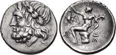 Greek ARKADIA, Arkadian League. Circa 175-168 BC. AR Triobol (16mm, 2.29 g, 3h). Megalopolis mint. Laureate head of Zeus left / Pan seated left on rock, holding lagobolon; to left, eagle above monogra