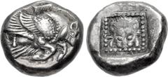 Greek ISLANDS off IONIA, Samos. Circa 526-522 BC. AR Drachm (13mm, 3.60 g, 8h). Forepart of winged boar left / Lion scalp facing in dotted square within incuse square. Barron Class A ii, 59a (DA27/DP4