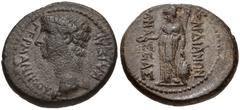 LYDIA, Sardis. Germanicus. Died AD 19. Æ (16mm, 3.29 g, 12h). Bare head left / Athena standing left, holding phiale, spear, and grounded shield. RPC I 2993; Weber 6906. VF, brown patina, minor roughne