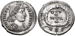 Theodosius I. AD 379-395. AR Siliqua (18mm, 2.06 g, 5h). Thessalonica mint. Struck AD 379-383. Pearl-diademed, draped, and cuirassed bust right / VOT/ V/ MVL/ X in four lines within wreath; TES. RIC I