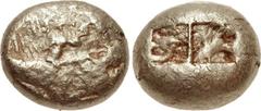 IONIA, Uncertain. Circa 650-600 BC. EL Trite – 1/3 Stater (12mm, 4.73 g). Milesian standard. Figural-on-striated type. Crude chimaira(?) right on striated background / Two square punches, both with ra