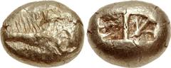 IONIA, Uncertain. Circa 650-600 BC. EL Trite – 1/3 Stater (12mm, 4.74 g). Milesian standard. Figural-on-striated type. Crude chimaira(?) right on striated background / Two square punches, both with ra