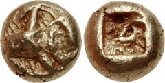 IONIA, Uncertain. Circa 650-600 BC. EL Hemihekte – 1/12 Stater (7mm, 1.20 g). Milesian standard. Figural-on-striated type. Crude chimaira(?) right on striated background / Square punch with raised lin